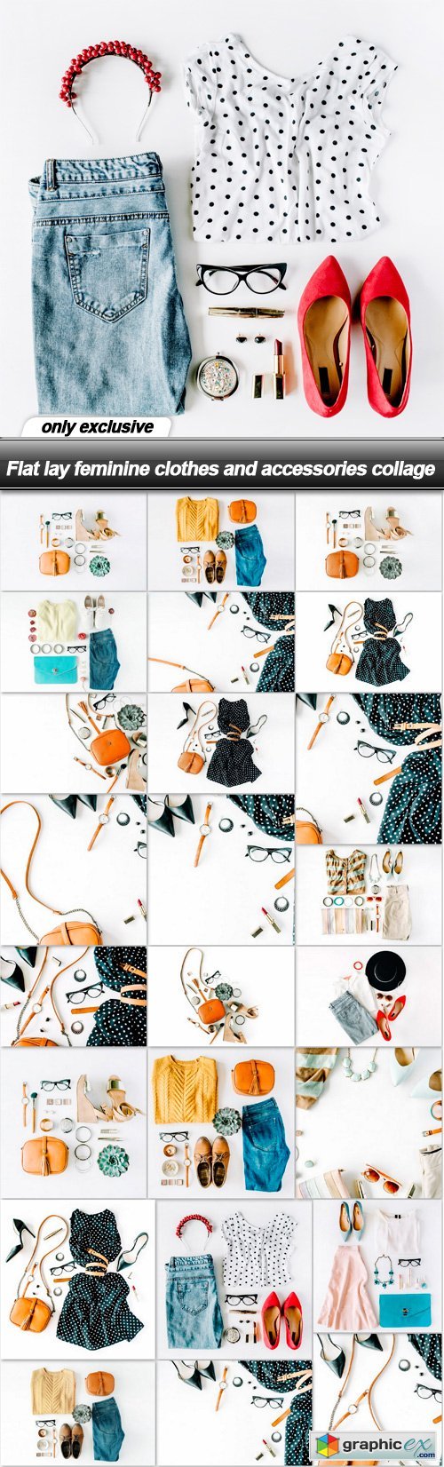 Flat lay feminine clothes and accessories collage - 24 UHQ JPEG