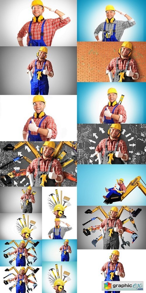Builder yells in a yellow helmet with a tools