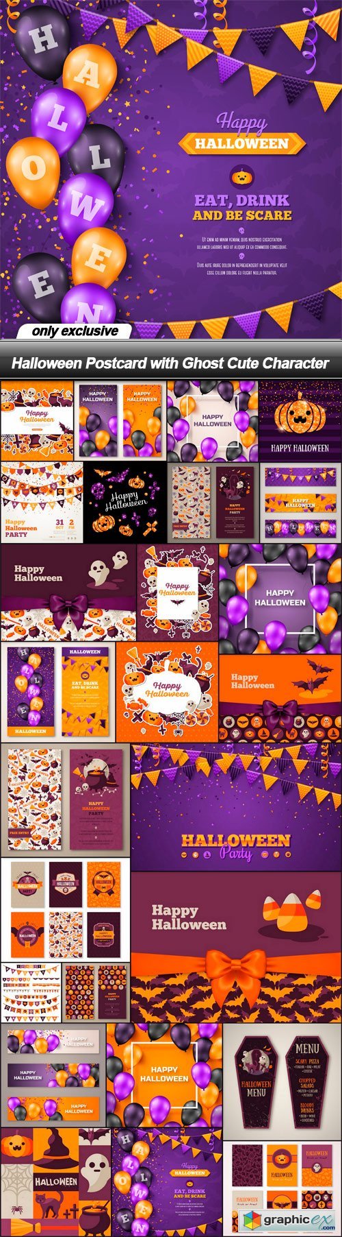 Halloween Postcard with Ghost Cute Character - 26 EPS