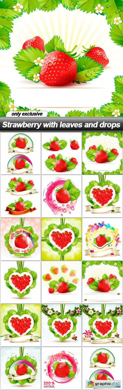Strawberry with leaves and drops - 17 EPS