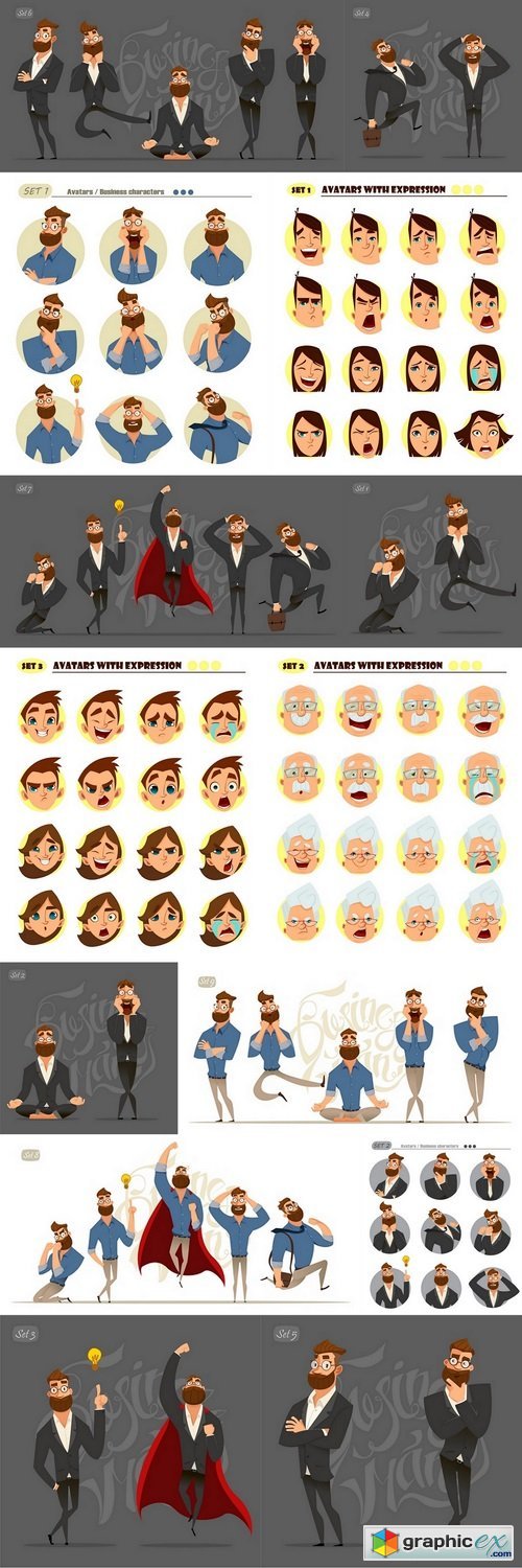 Business man characters. Businessman in black suits. Expressions and emotions