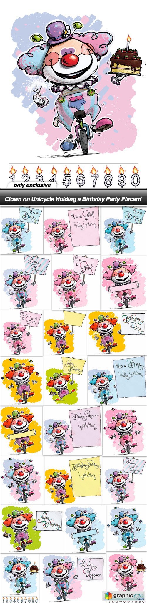 Clown on Unicycle Holding a Birthday Party Placard - 25 EPS