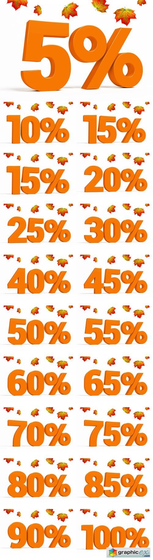 Orange 3D Percent Text on White Background with Leaves for Autumn Sale Campaigns