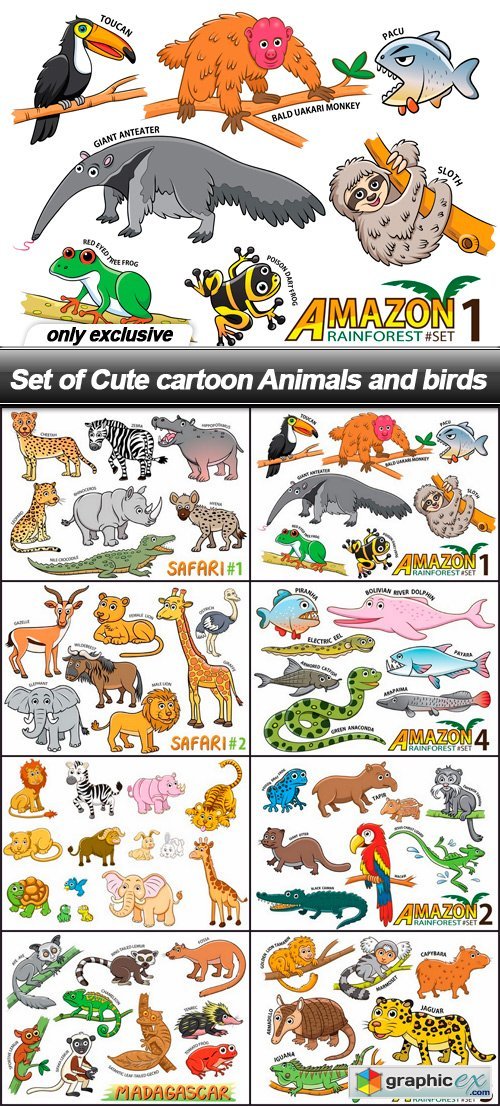 Set of Cute cartoon Animals and birds - 8 EPS