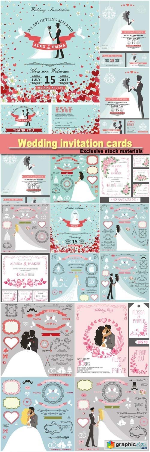 Wedding invitation cards set, groom and bride