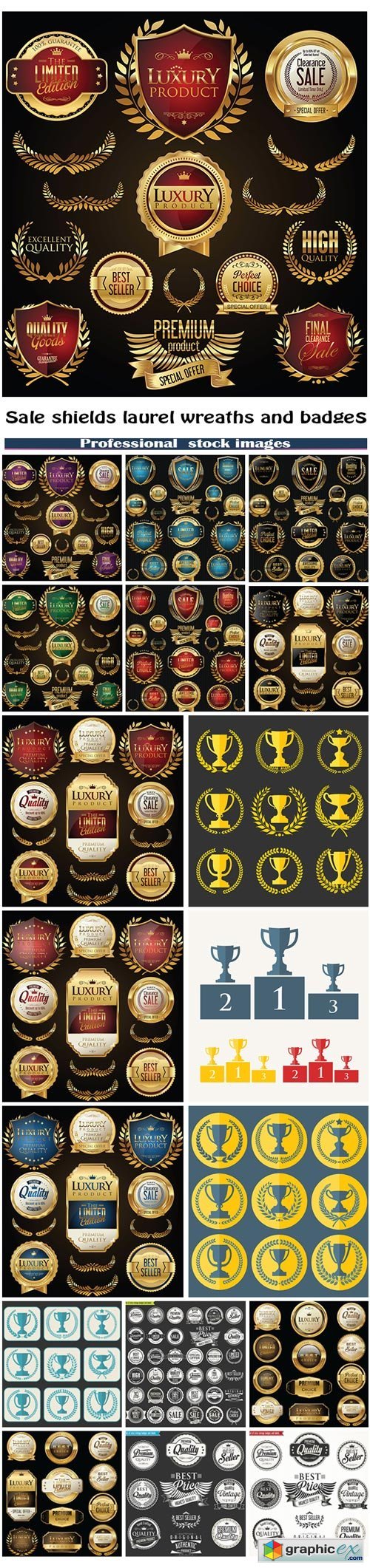 Golden sale shields laurel wreaths and badges, trophy and awards collection