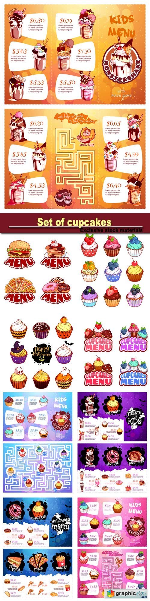 Set of cupcakes with different berries, food menu