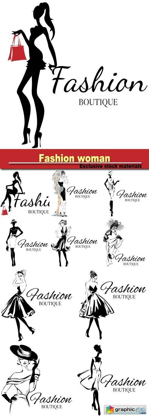 Fashion boutique logo with black and white woman silhouette, hand drawn vector illustration