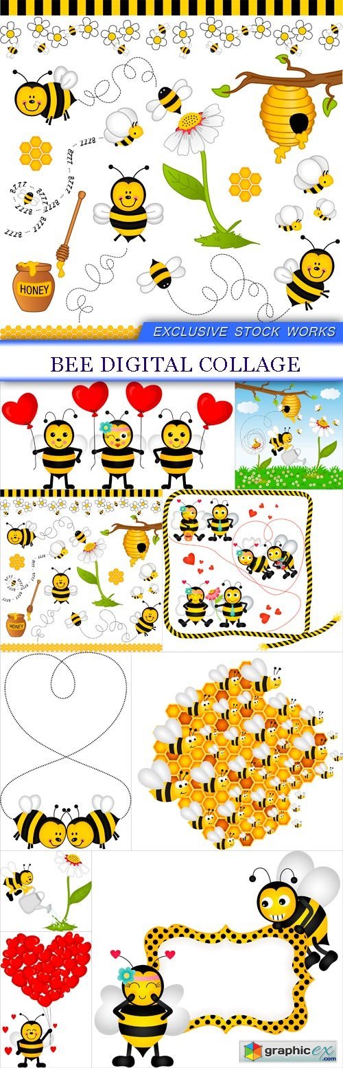 Bee digital collage 9x EPS