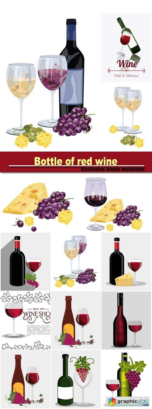 Bottle of red wine with grapes and cheese