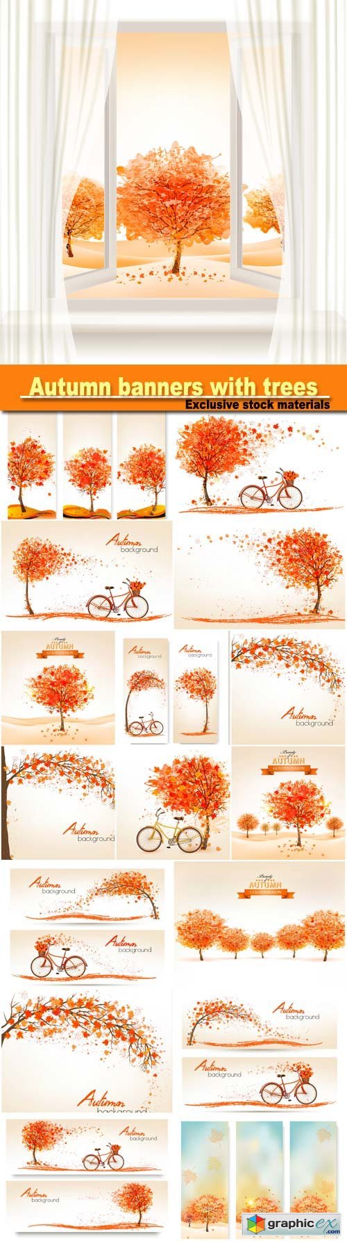 Autumn banners with trees and a bicycle