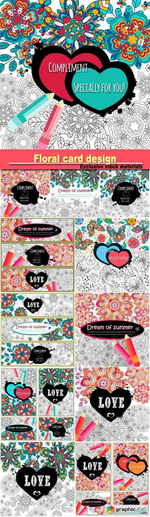 Floral card design, flowers and leaf doodle elements, vector decorative invitation
