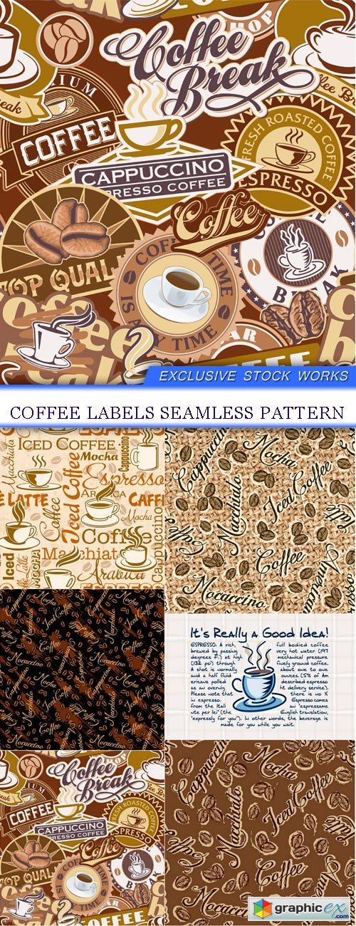 Coffee labels seamless pattern 6X EPS