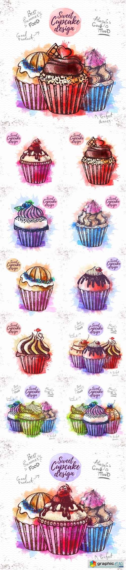 Watercolor Sweet Cupcake Illustarations