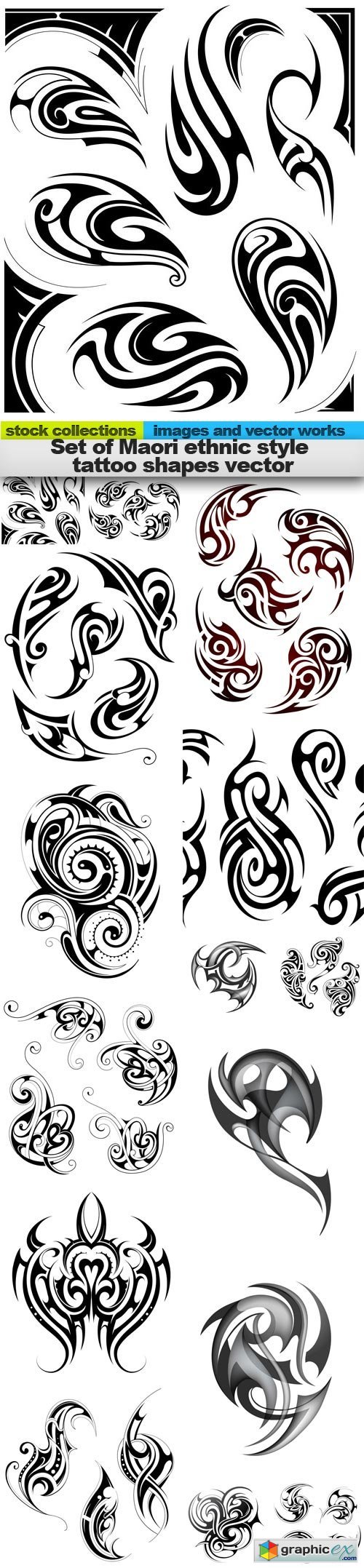 Set of Maori ethnic style tattoo shapes vector, 15 x EPS