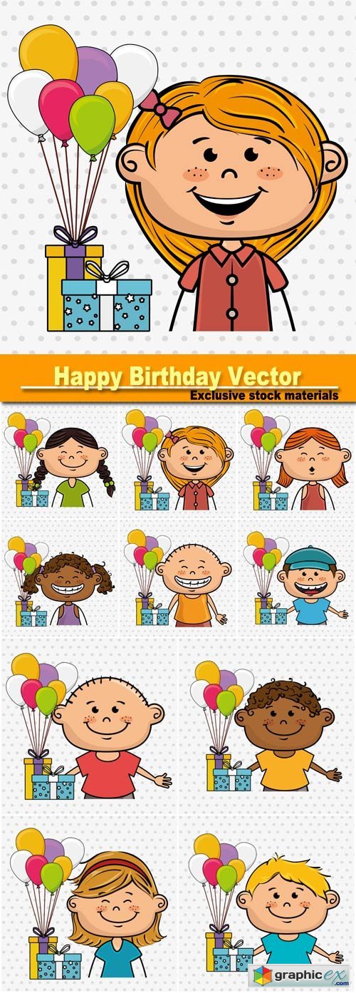 Happy Birthday, girl and boy balloons gifts party vector illustration graphic