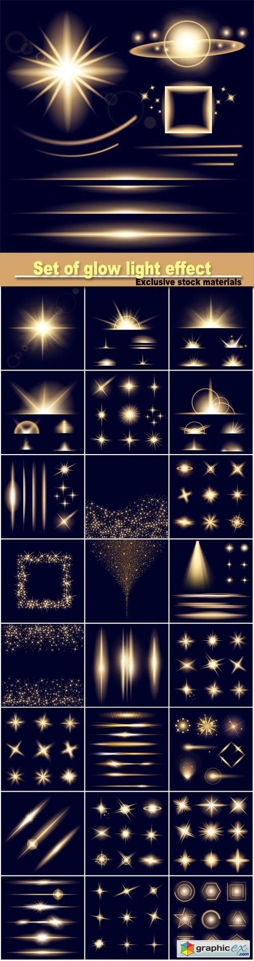 set of glow light effect stars bursts with sparkles isolated on black background