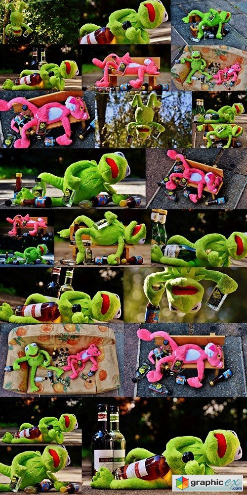 Kermit and Pink Panther are drinking alcohol