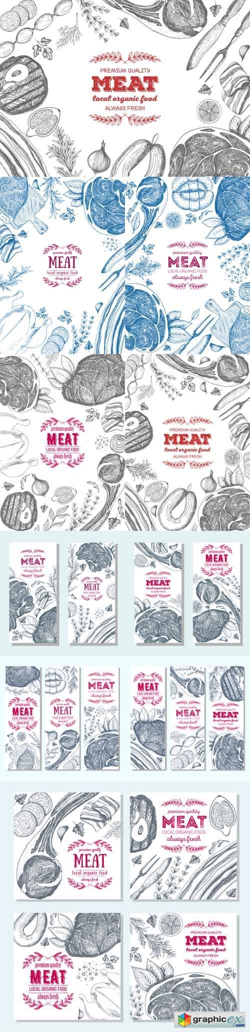 Meat Banners and Frames. Linear Graphic. Vintage Illustrations