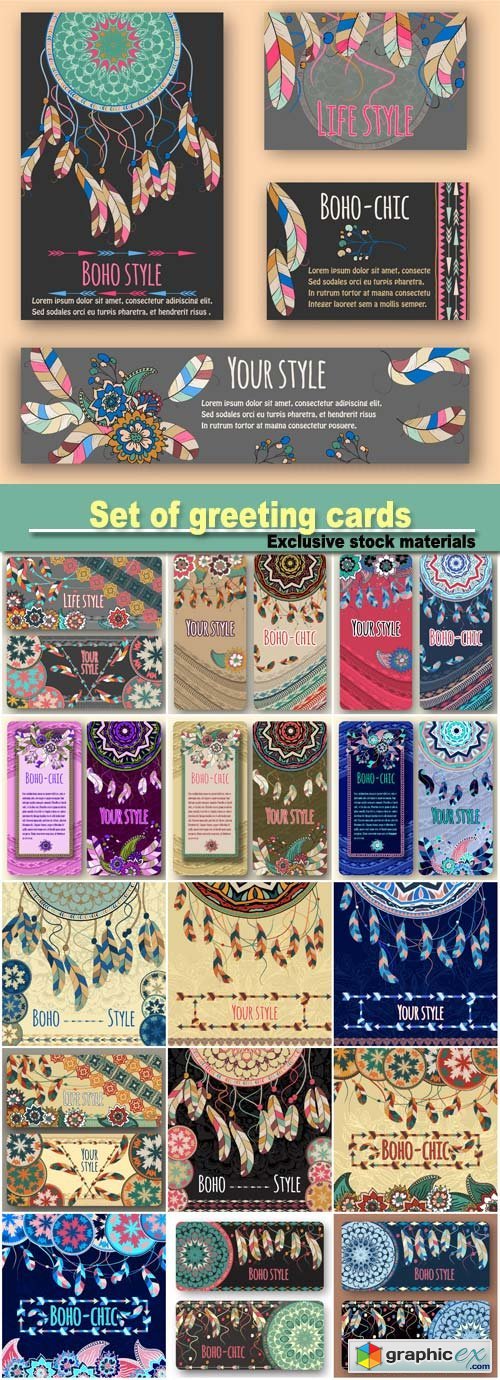 Set of greeting cards, boho style, traditional, ethnic patterns