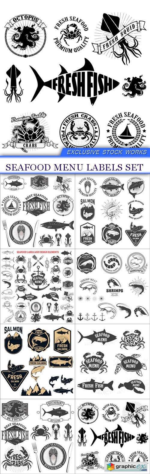 seafood menu labels set 8X EPS