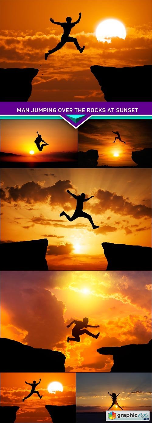 Man jumping over the rocks at sunset 6X JPEG