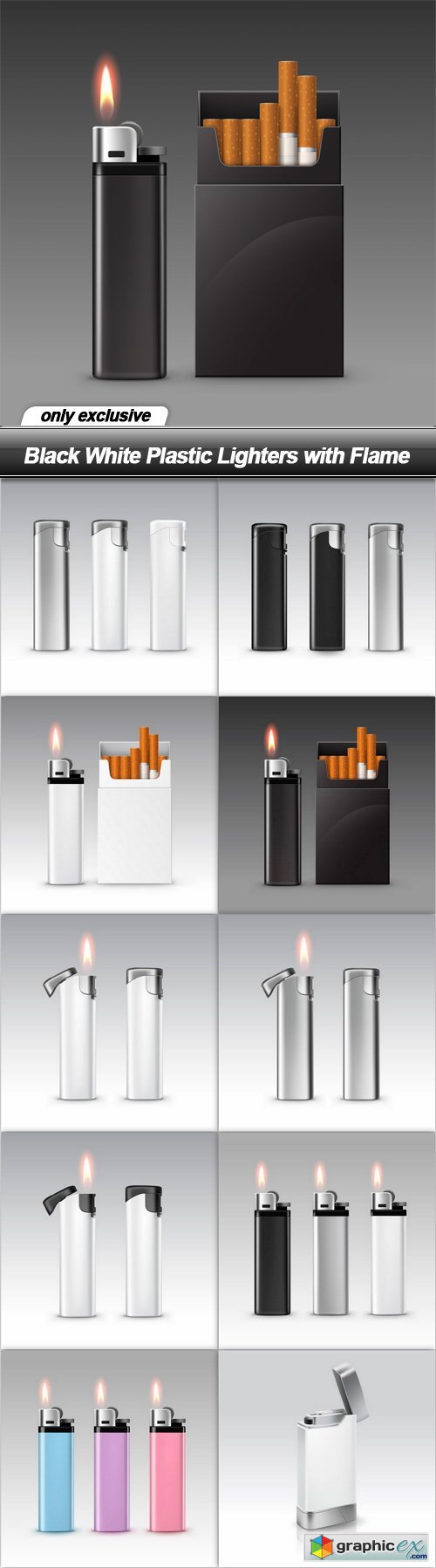 Black White Plastic Lighters with Flame - 10 EPS