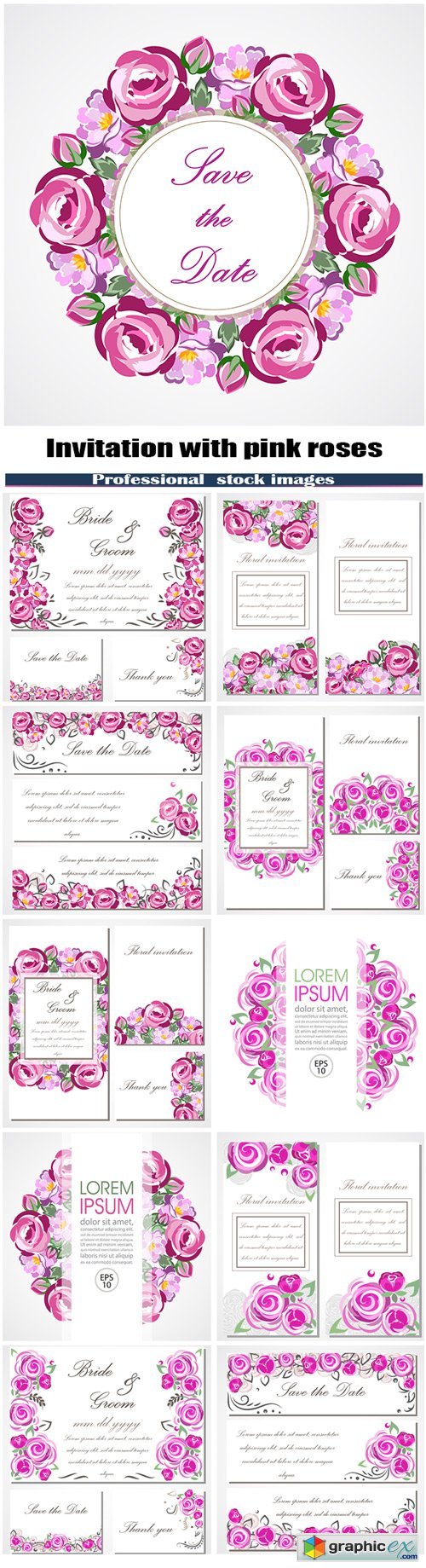 invitation card with pink roses for wedding