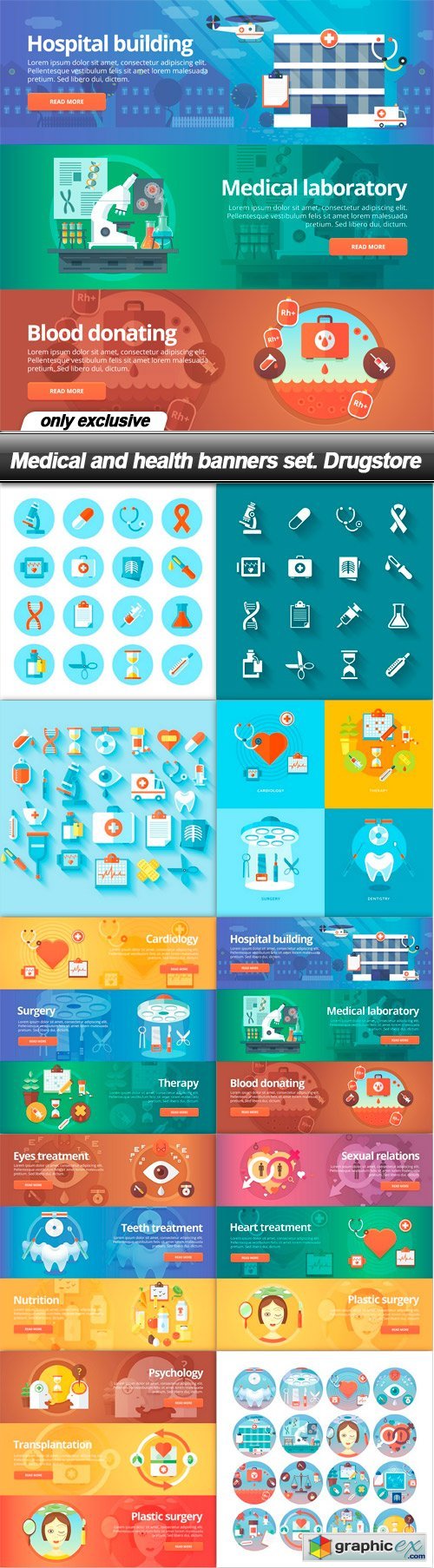 Medical and health banners set. Drugstore - 10 EPS