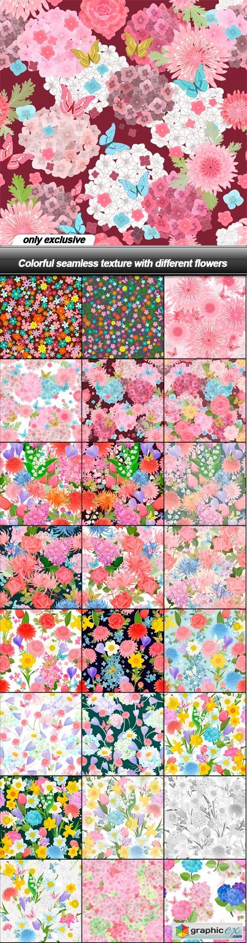 Colorful seamless texture with different flowers - 25 EPS