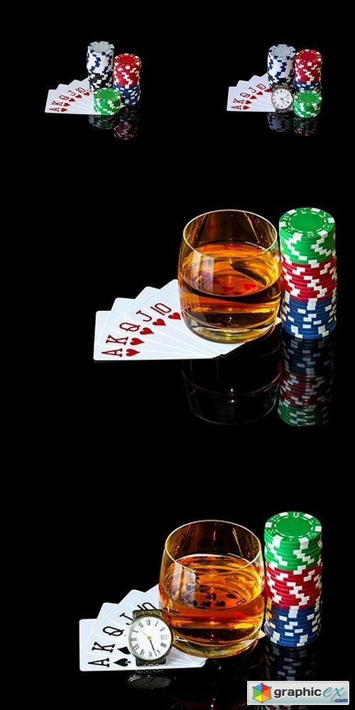 Cards with chips to poker and tumbler whiskey with clock