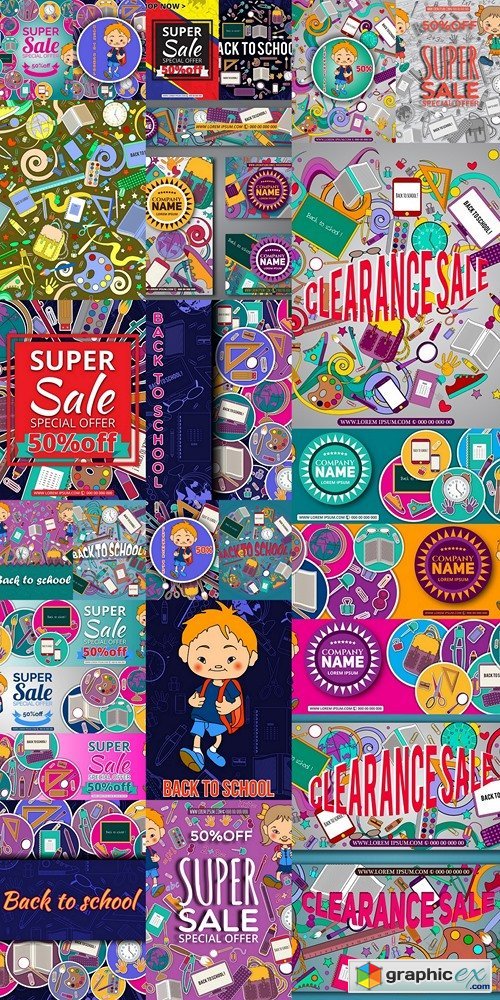 Corporate design. Sale background with school stationery icons