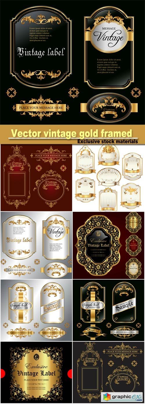 vintage gold framed labels set, baroque style premium quality label collection