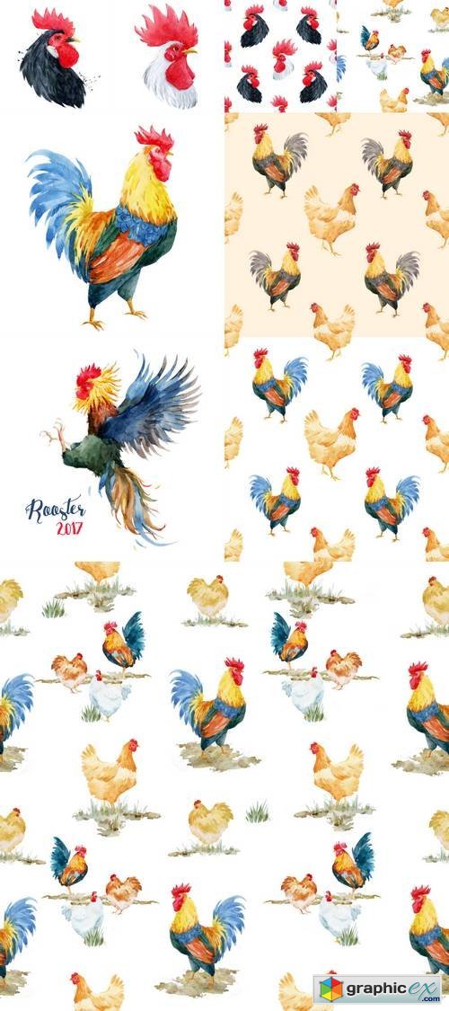 Watercolor Cock Rooster Pattern