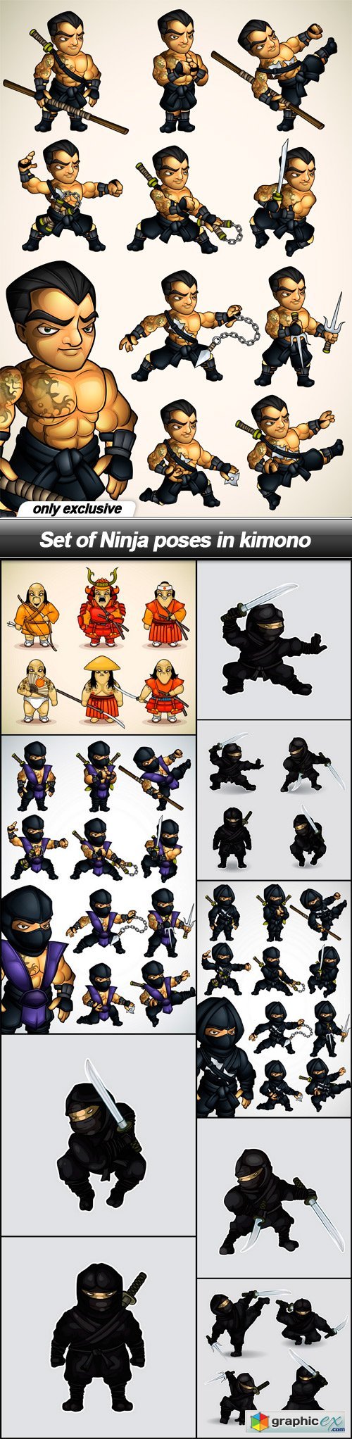Set of Ninja poses in kimono - 10 EPS