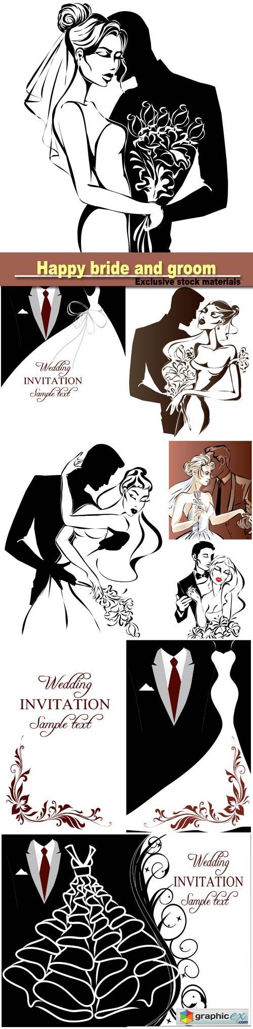 Wedding couple, happy bride and groom, monochrome silhouette, vector illustration