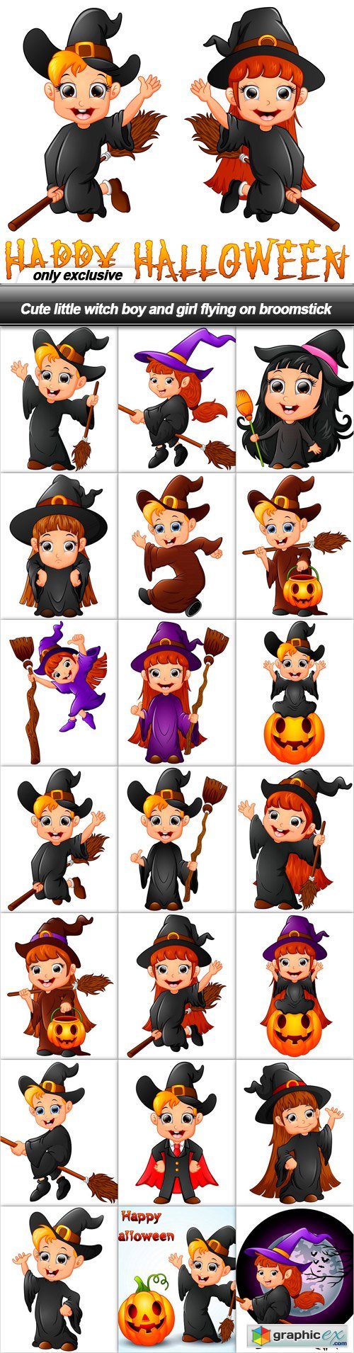 Cute little witch boy and girl flying on broomstick - 22 EPS