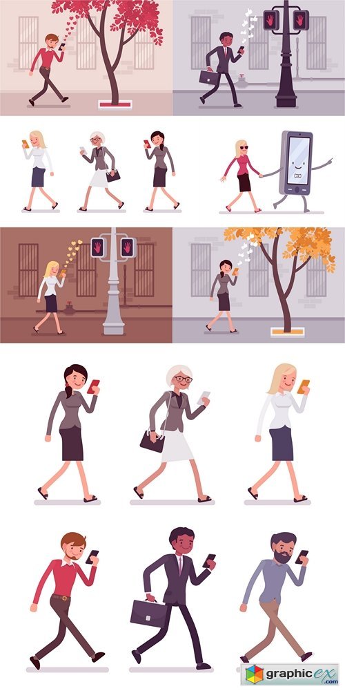 Woman walks with smartphone to bump into a tree. Cartoon vector flat-style concept illustration