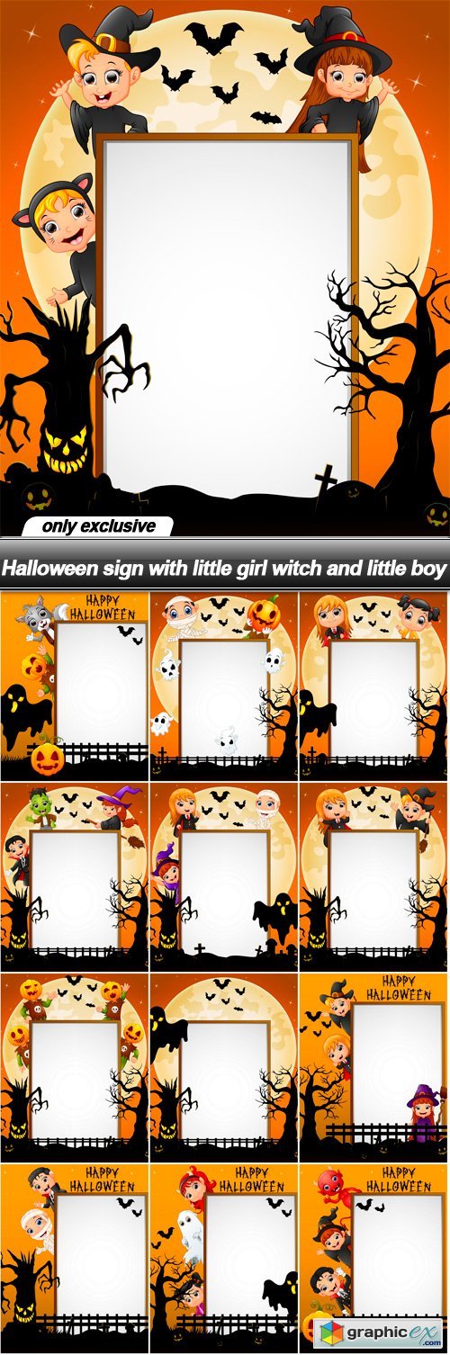 Halloween sign with little girl witch and little boy - 13 EPS