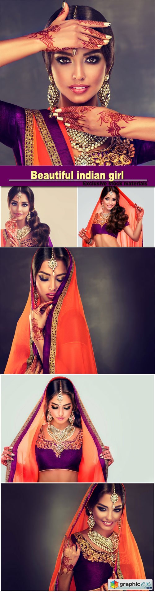 Portrait of beautiful indian girl, young hindu woman model with tatoo mehndi and kundan jewelry, traditional Indian costume lehenga choli