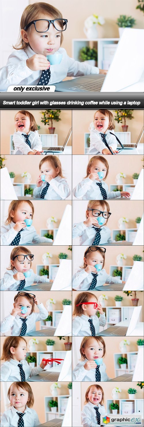 Smart toddler girl with glasses drinking coffee while using a laptop - 14 UHQ JPEG