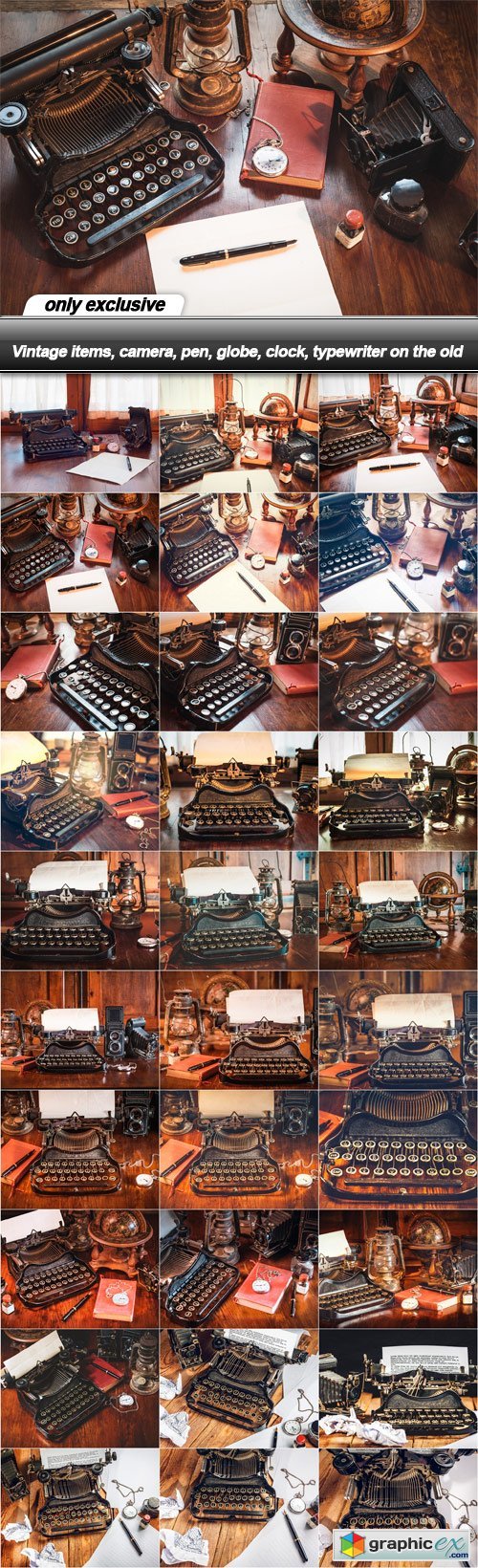 Vintage items, camera, pen, globe, clock, typewriter on the old - 30 UHQ JPEG