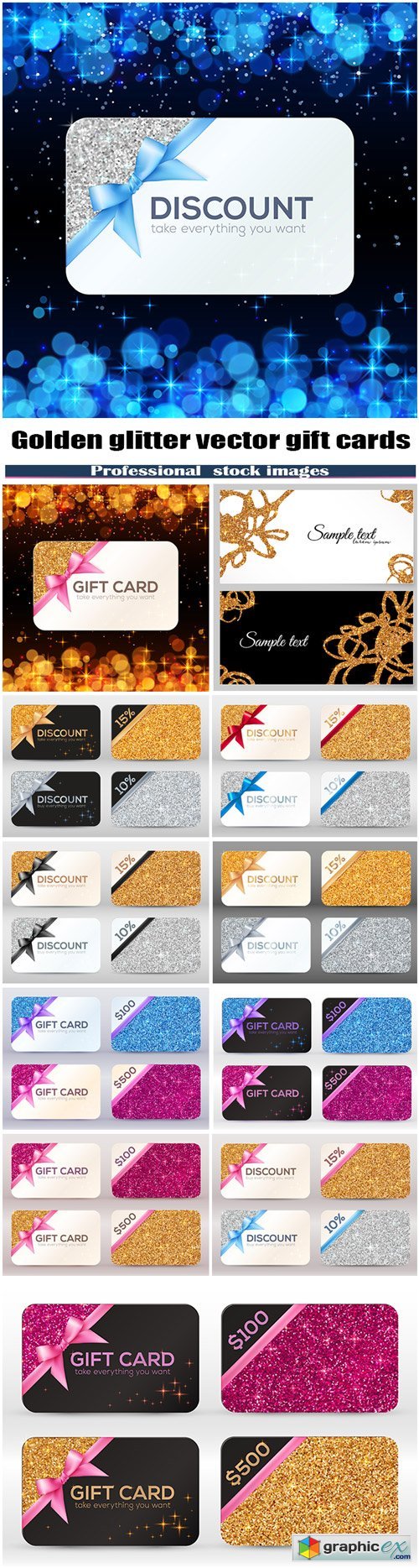 Set of golden glitter vector gift cards templates
