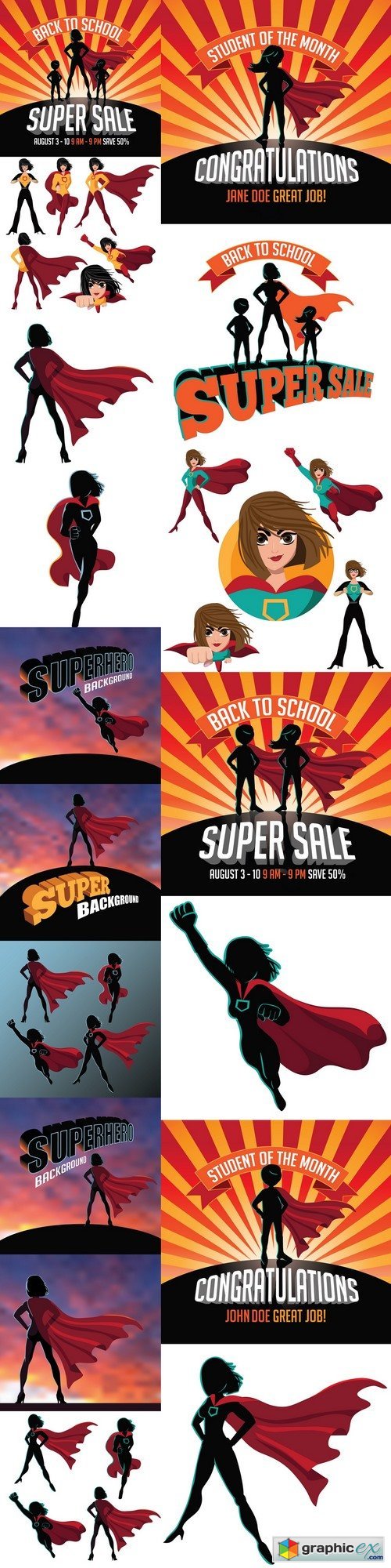 Superhero woman silhouette sunrise or sunset background with copy space
