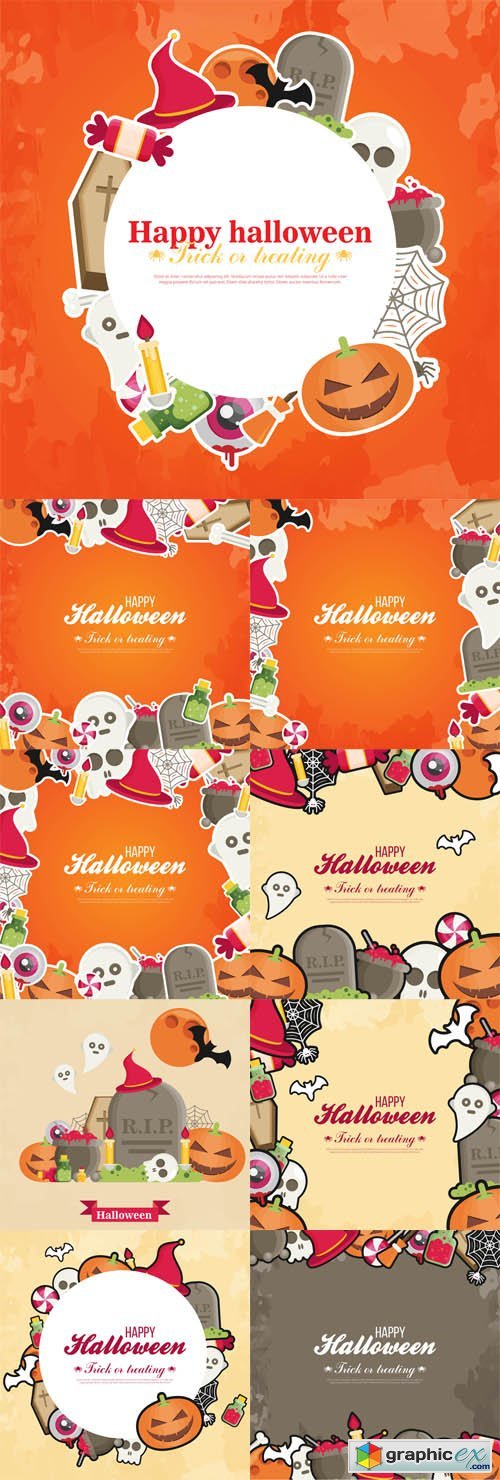 Halloween Concept Banners With Flat Icon Set on Orange Textured