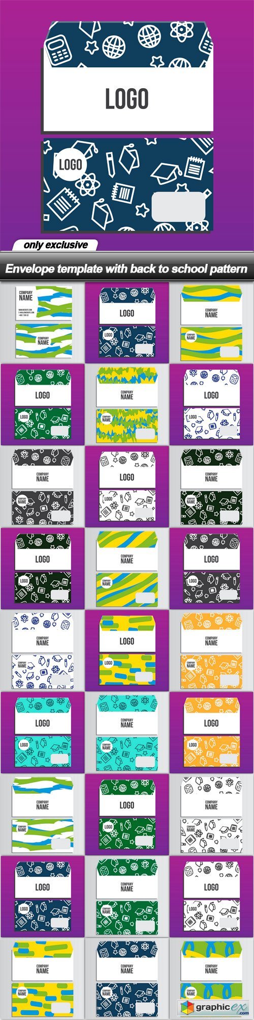 Envelope template with back to school pattern - 26 EPS