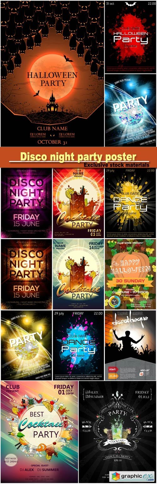 Disco night party vector poster template with shining golden spotlights background