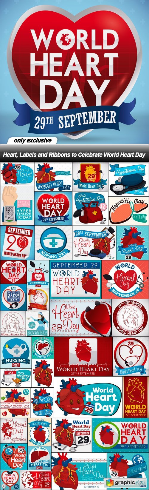 Heart, Labels and Ribbons to Celebrate World Heart Day - 42 EPS