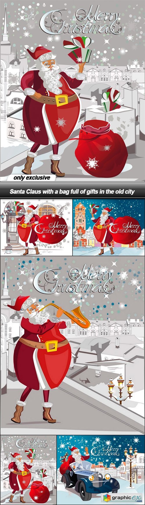 Santa Claus with a bag full of gifts in the old city - 5 EPS