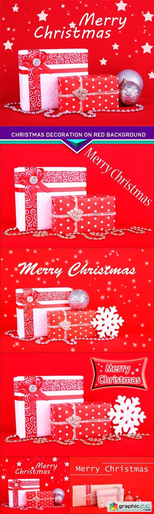 Beautiful bright gifts and Christmas decoration on red background 5X JPEG